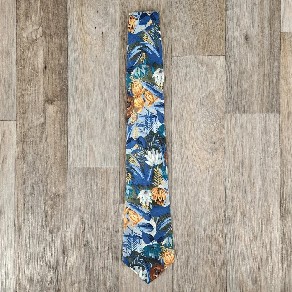 Vintage Jaeger Men's Silk Tie Blue Green Floral Lion Print Made in Great Britain